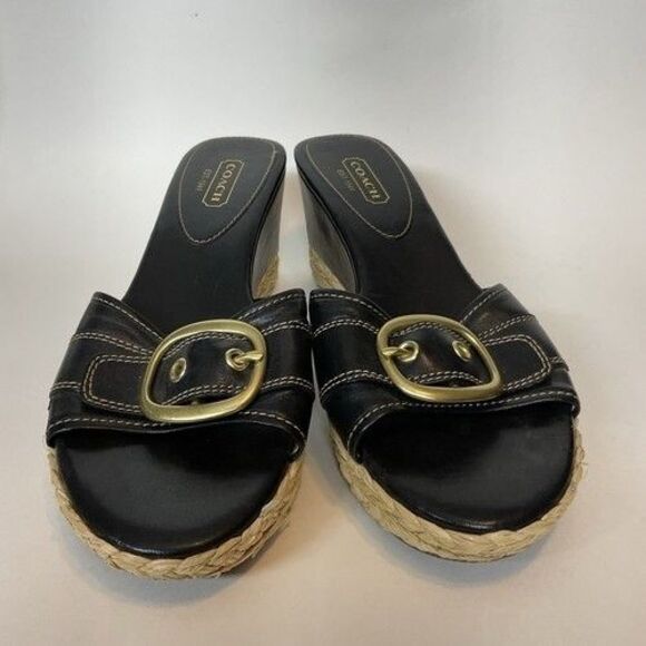 Coach Greer Black Leather Espadrille Wedge Sandals Women Size 11B - Picture 10 of 12